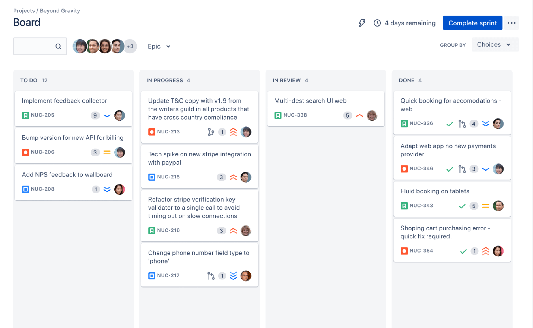 Screenshot eines scrum boards in Jira Software