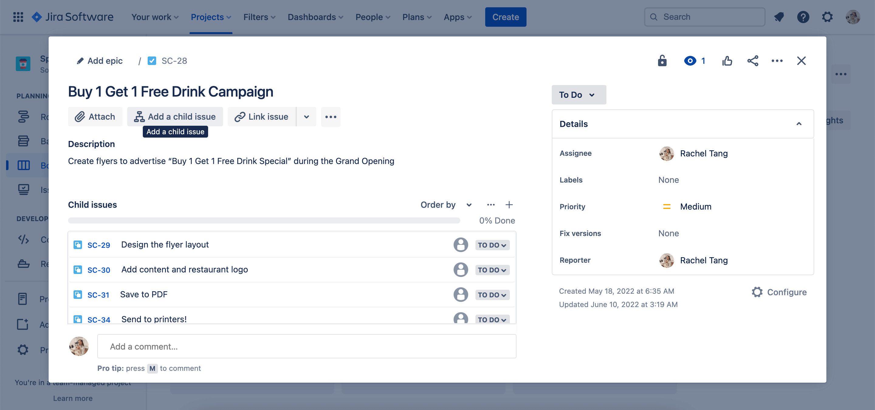 Screenshot eines Issue in Jira Software